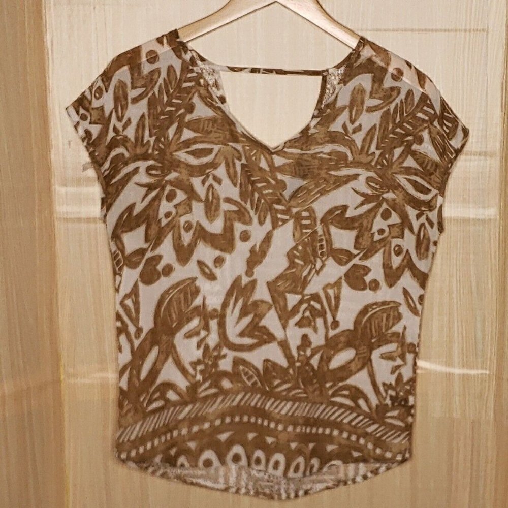 The Limited Womens Brown Neutral Floral Sheer And Crochet Top Medium